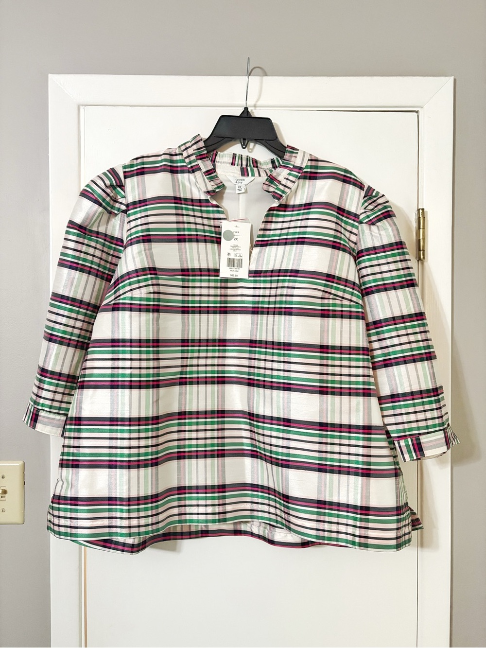 crown & ivy Pink & Green Plaid Ruffle Neck Blouse